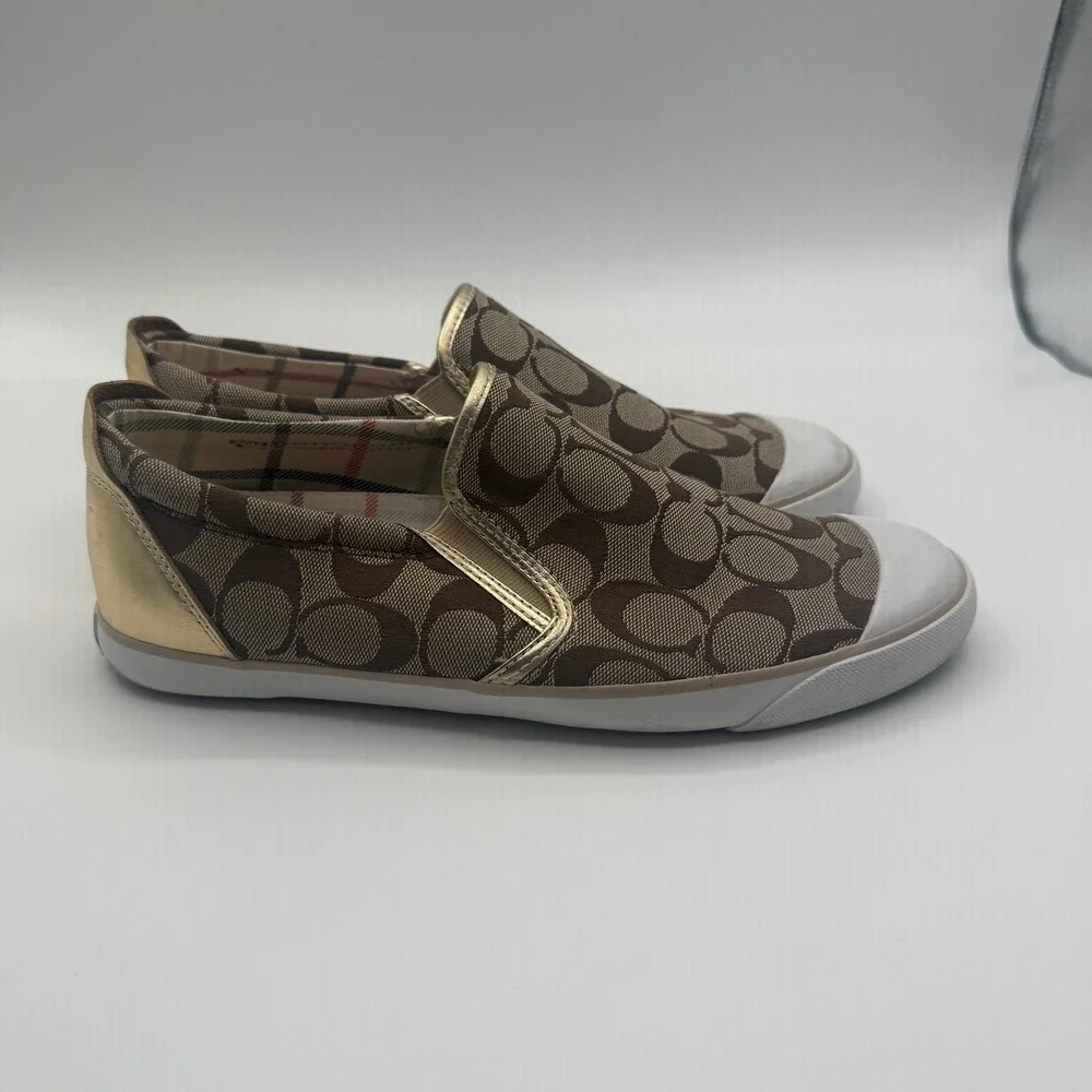 Coach Beale Slip On Sneakers Womens 10 Brown Gold Signature Monogram Shoe Y2K